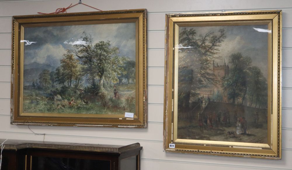 William Ellis, two watercolours, Sportman and spaniels stalking in woodland and Figures before a church, signed and dated 1890/1885,